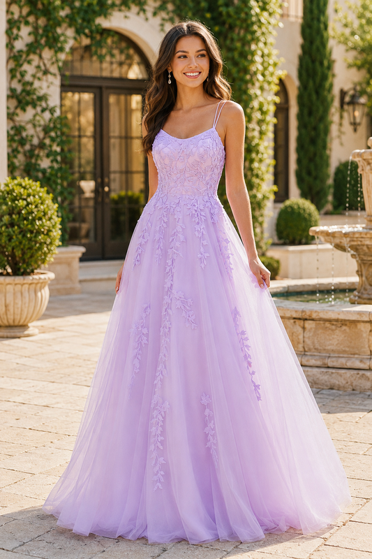 Elovina A Line Square Neckline Sleeveless Sweep Train Tulle Prom Dress- Style - front view
