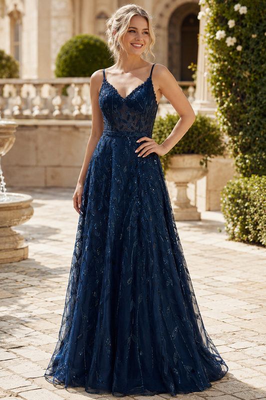 Arisette A Line V Neck Floor Length Tulle Prom Dress- Style - front view