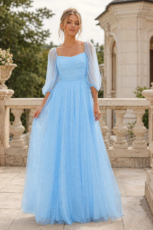 Kalsette A Line Square Neckline 3 4 Sleeve Floor Length Tulle Prom Dress - front view