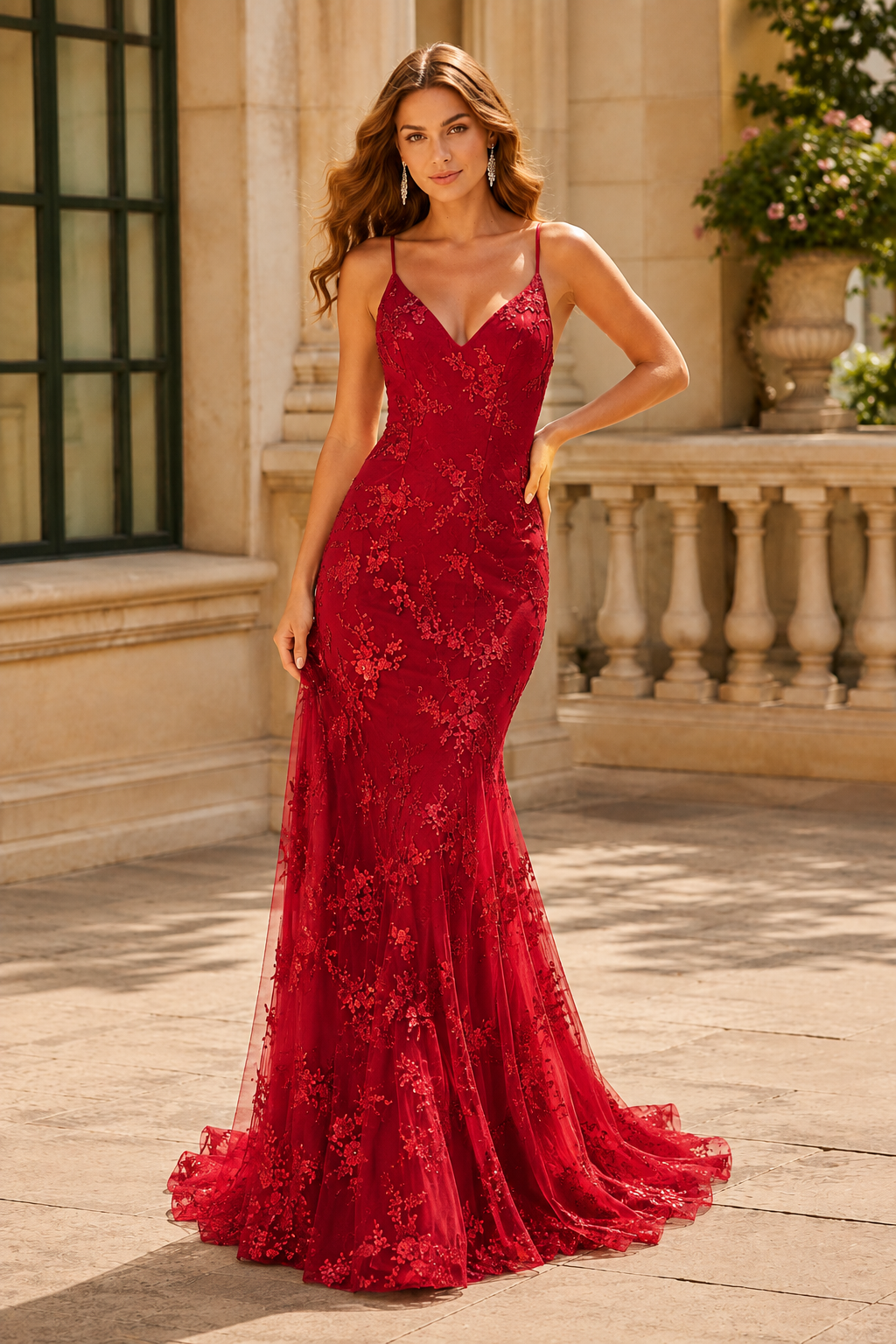 Kalnette Mermaid V Neck Sleeveless Court Train Sequined Prom Dress in Red - front view