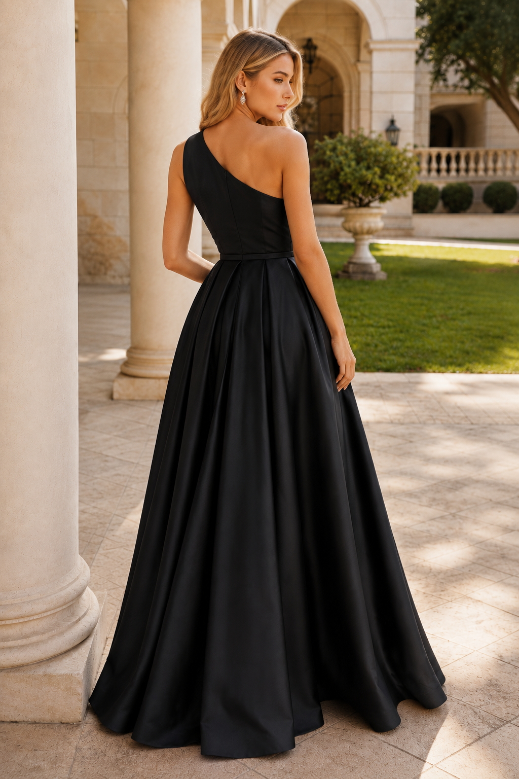 Kaldelle A Line One Shoulder Floor Length Satin Prom Dress- Style in Black - back view