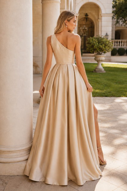 Kaldelle A Line One Shoulder Floor Length Satin Prom Dress- Style in Champagne - back view