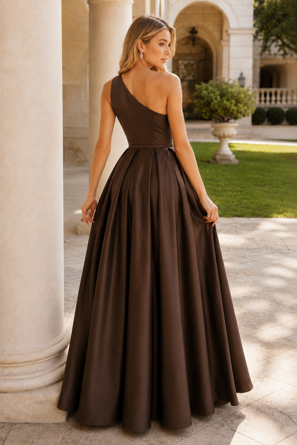 Kaldelle A Line One Shoulder Floor Length Satin Prom Dress- Style in Chocolate Brown - back view