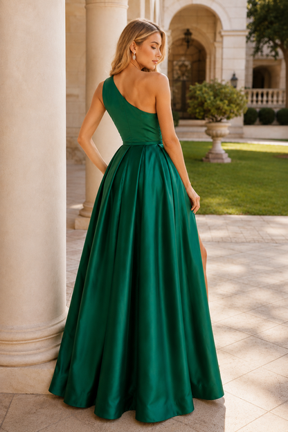 Kaldelle A Line One Shoulder Floor Length Satin Prom Dress- Style in Emerald Green - back view