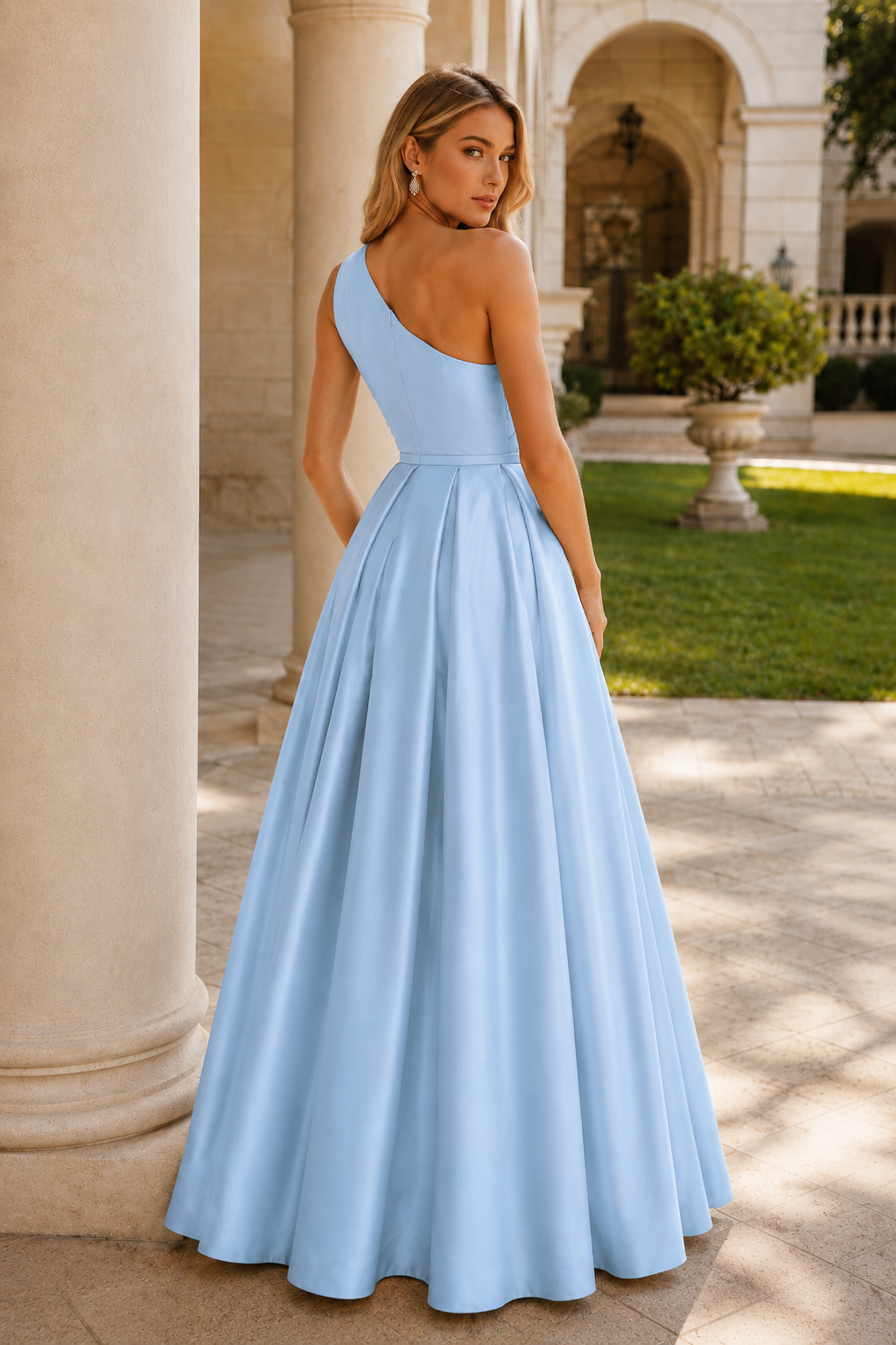 Kaldelle A Line One Shoulder Floor Length Satin Prom Dress- Style in Light Blue - back view