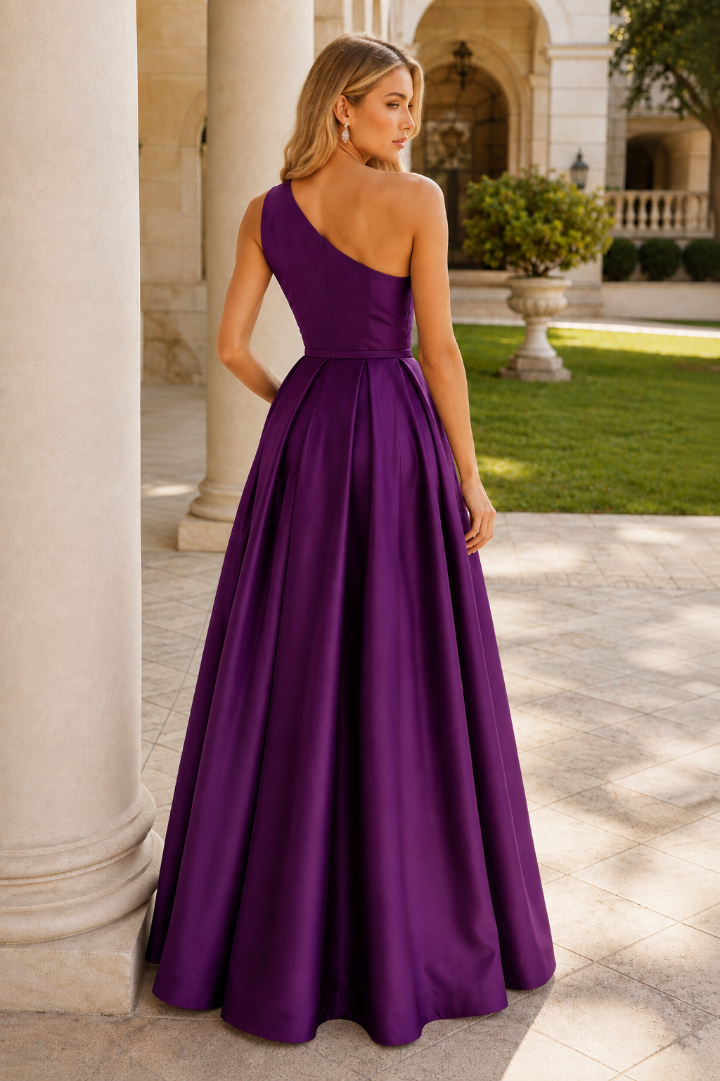 Kaldelle A Line One Shoulder Floor Length Satin Prom Dress- Style in Purple - back view
