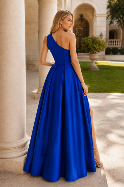Kaldelle A Line One Shoulder Floor Length Satin Prom Dress- Style in Royal Blue - back view