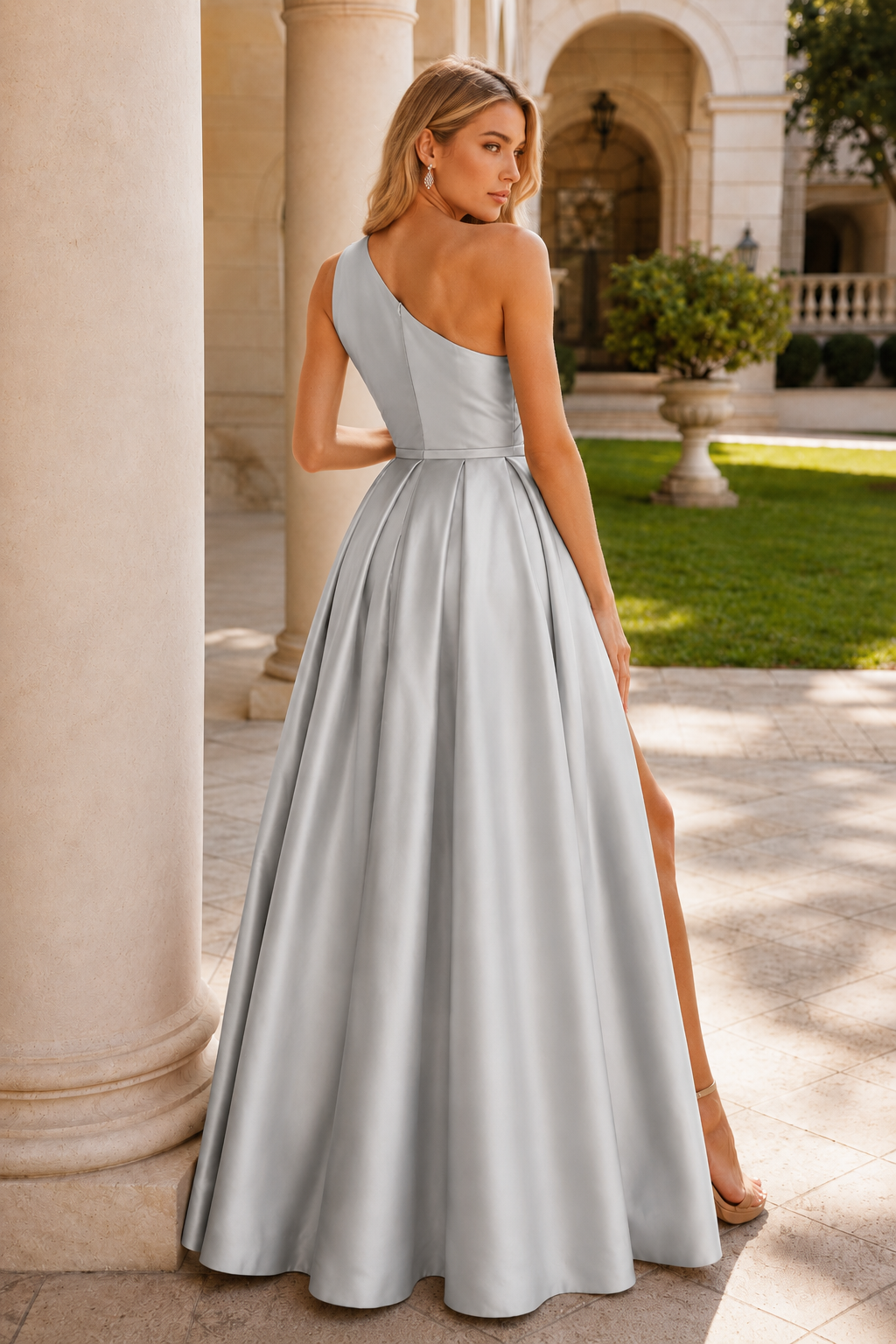 Kaldelle A Line One Shoulder Floor Length Satin Prom Dress- Style in Silver - back view