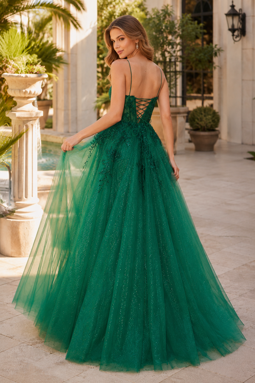 A Line V Neck Floor Length Tulle Prom Dress back view