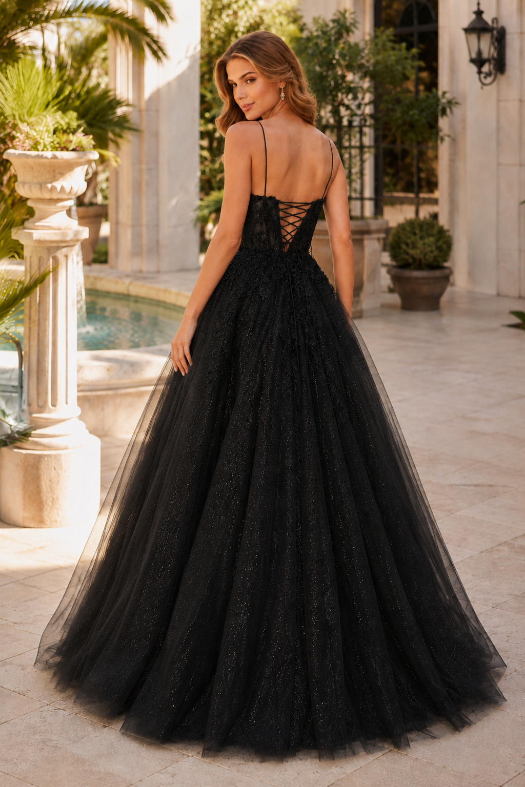 Arisette A Line V Neck Floor Length Tulle Prom Dress- Style in Black - back view