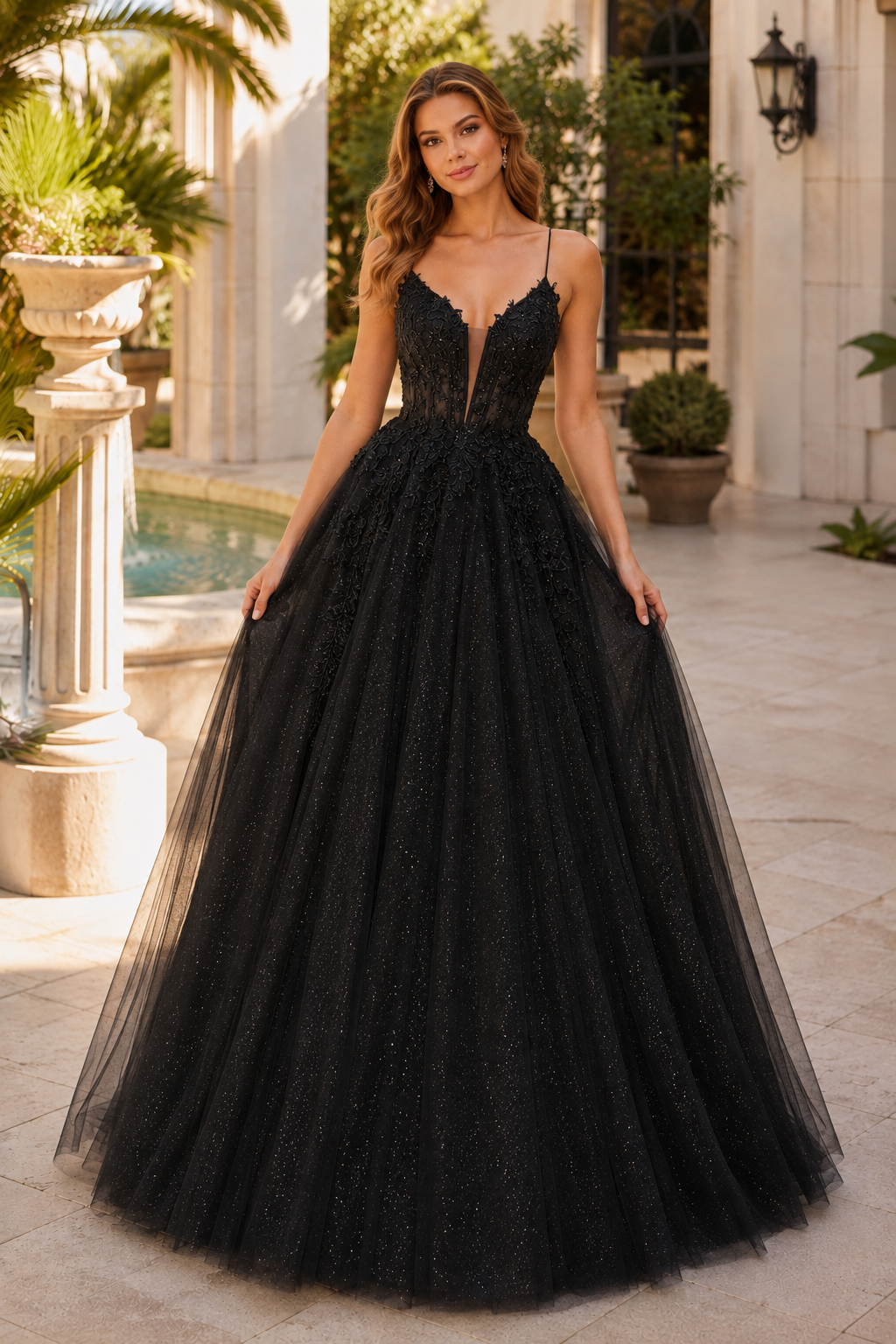 Arisette A Line V Neck Floor Length Tulle Prom Dress- Style in Black - front view