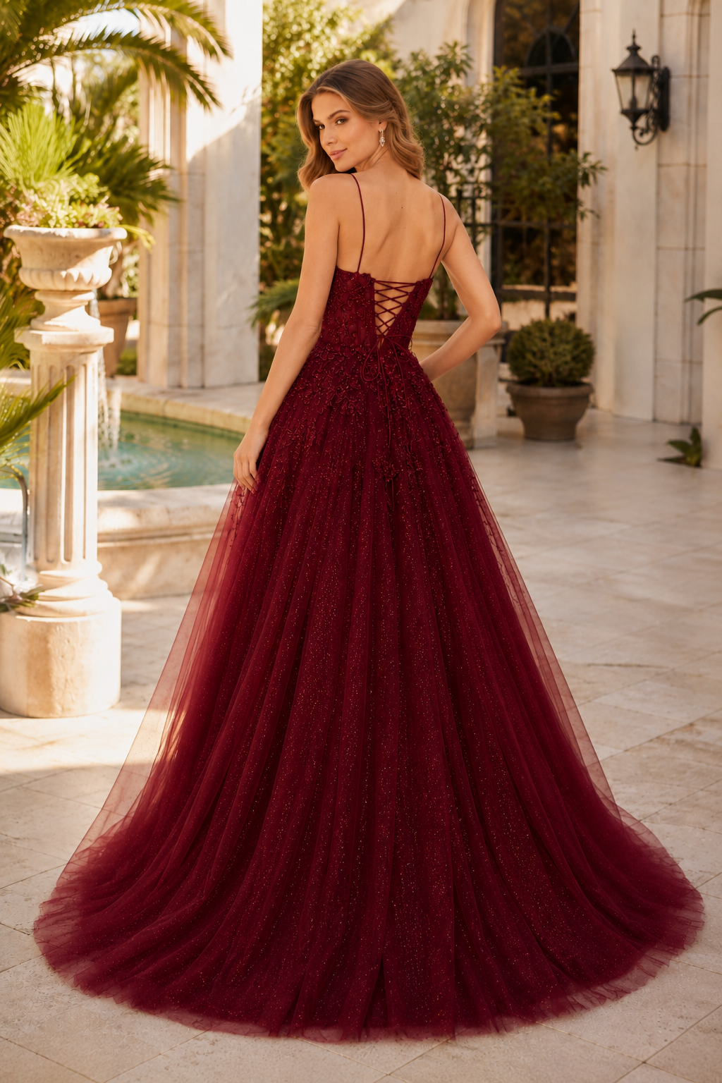 Arisette A Line V Neck Floor Length Tulle Prom Dress- Style in Burgundy - back view