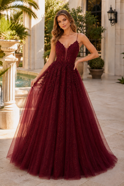 Arisette A Line V Neck Floor Length Tulle Prom Dress- Style in Burgundy - front view