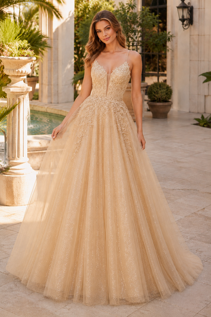 Arisette A Line V Neck Floor Length Tulle Prom Dress- Style in Champagne - front view