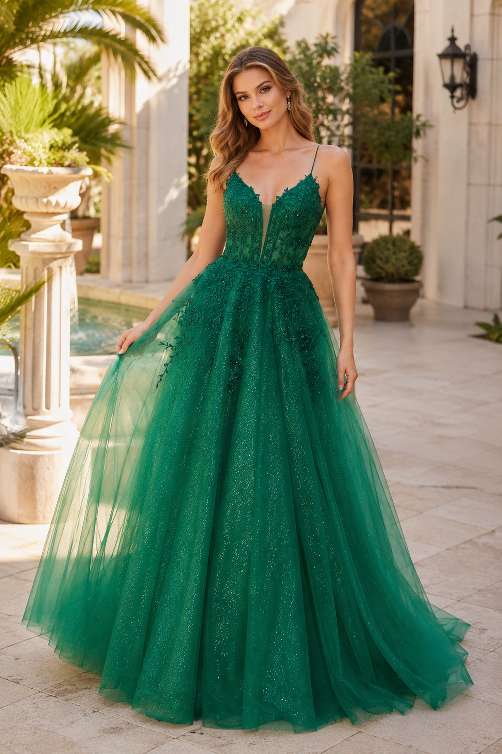 A Line V Neck Floor Length Tulle Prom Dress front view