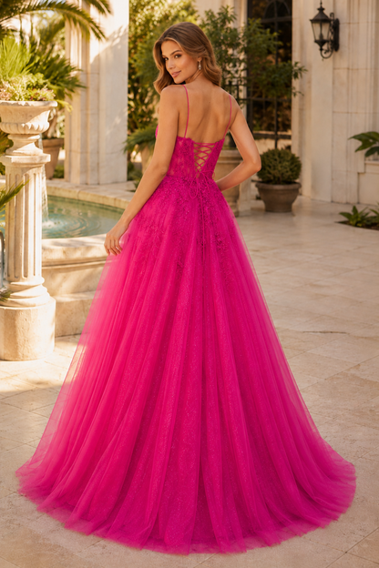 Arisette A Line V Neck Floor Length Tulle Prom Dress- Style in Fuchsia - back view