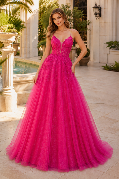 Arisette A Line V Neck Floor Length Tulle Prom Dress- Style in Fuchsia - front view
