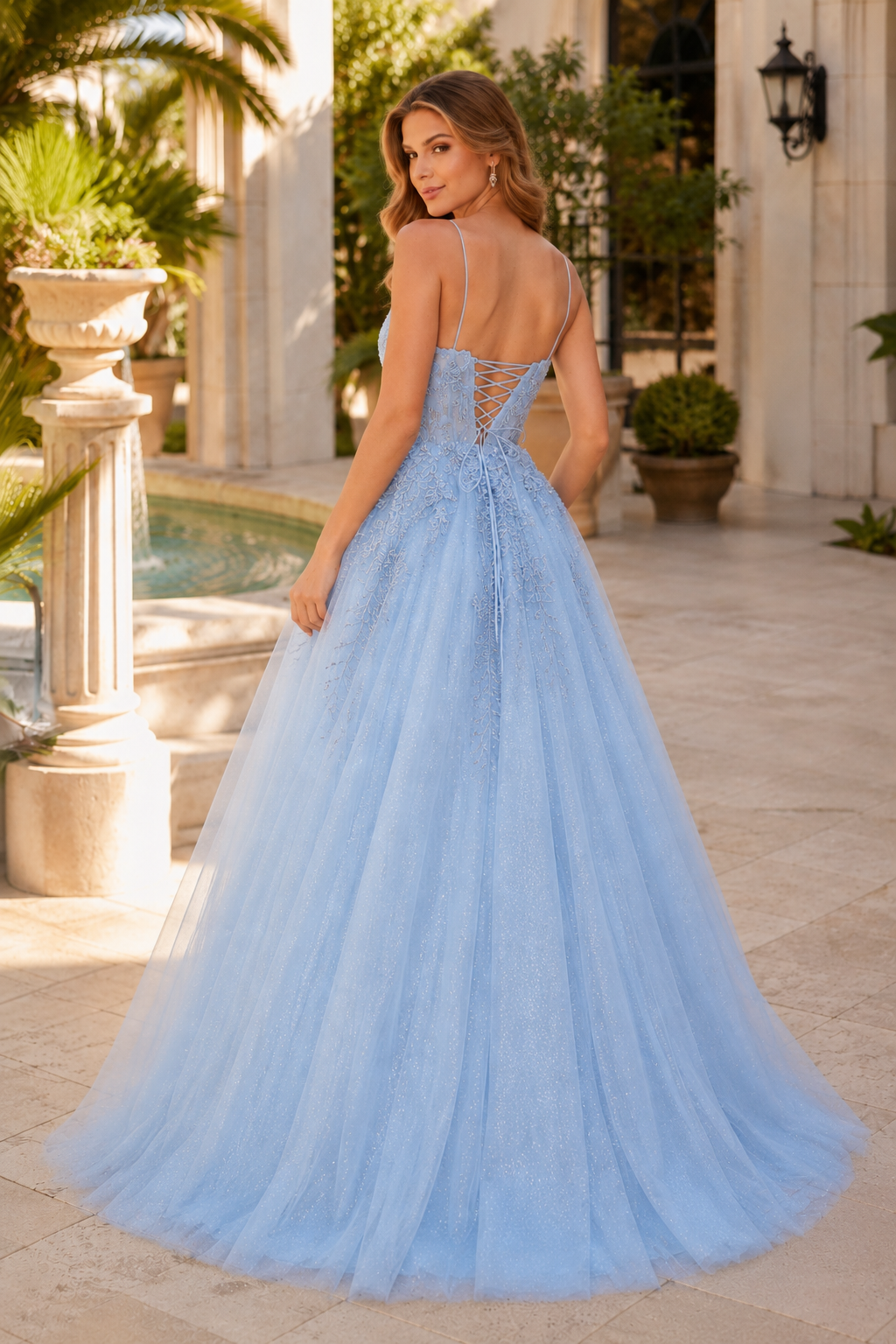 Arisette A Line V Neck Floor Length Tulle Prom Dress- Style in Light Blue - back view