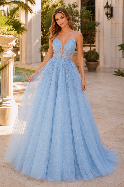 Arisette A Line V Neck Floor Length Tulle Prom Dress- Style in Light Blue - front view