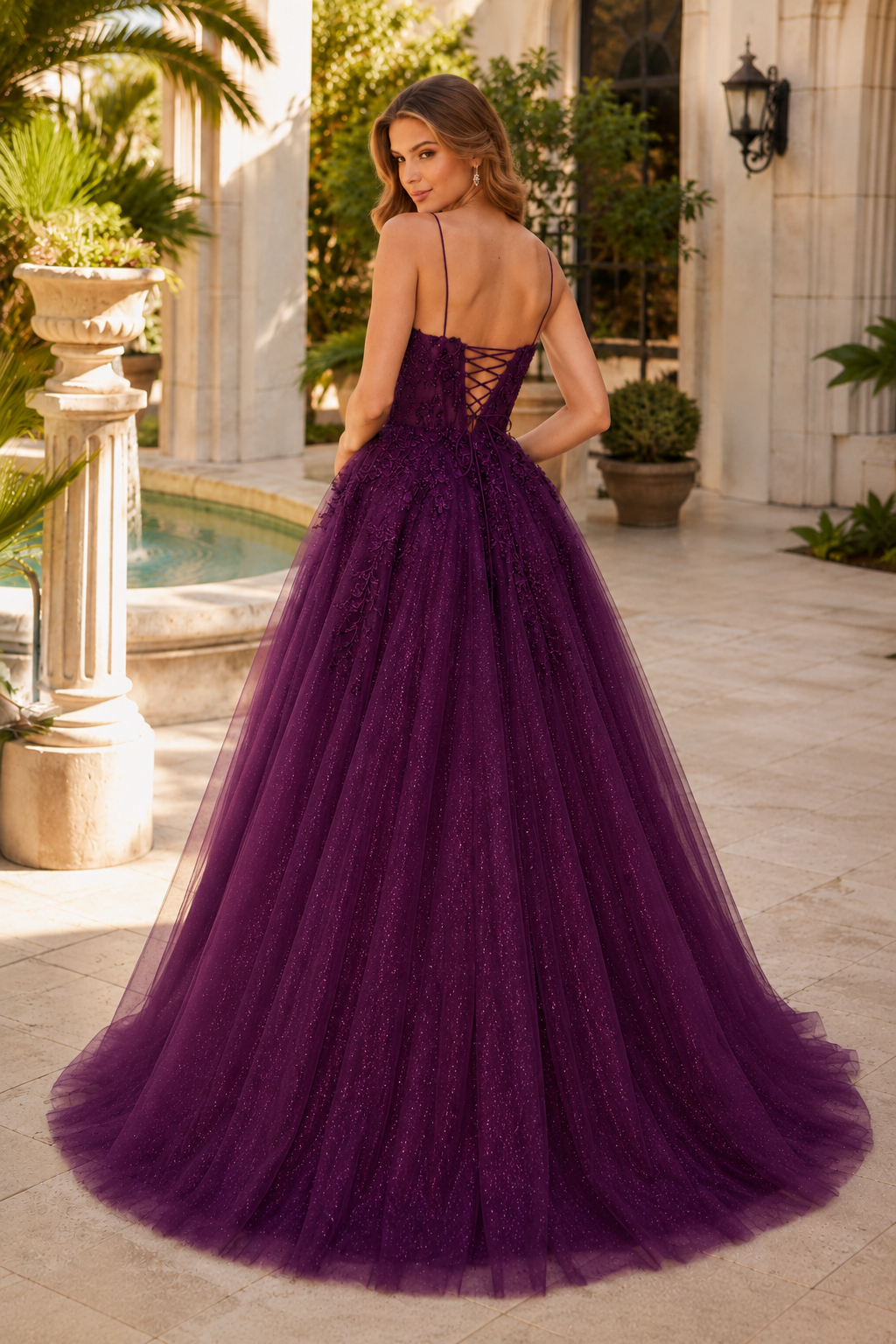 Arisette A Line V Neck Floor Length Tulle Prom Dress- Style in Purple - back view