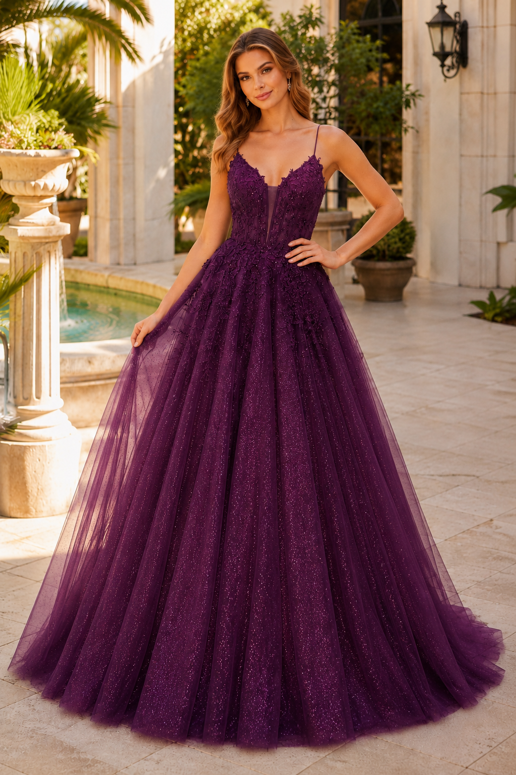 Arisette A Line V Neck Floor Length Tulle Prom Dress- Style in Purple - front view