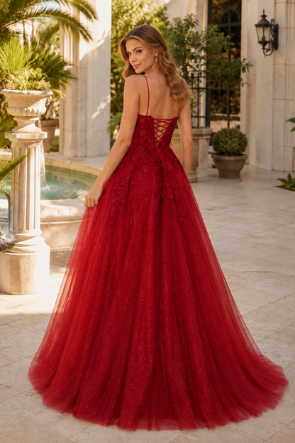 Arisette A Line V Neck Floor Length Tulle Prom Dress- Style in Red - back view