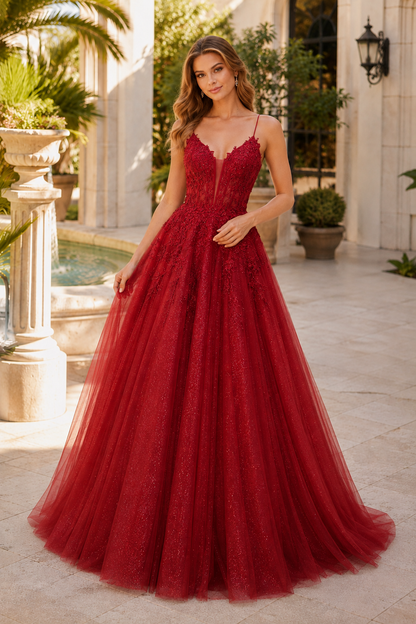 Arisette A Line V Neck Floor Length Tulle Prom Dress- Style in Red - front view