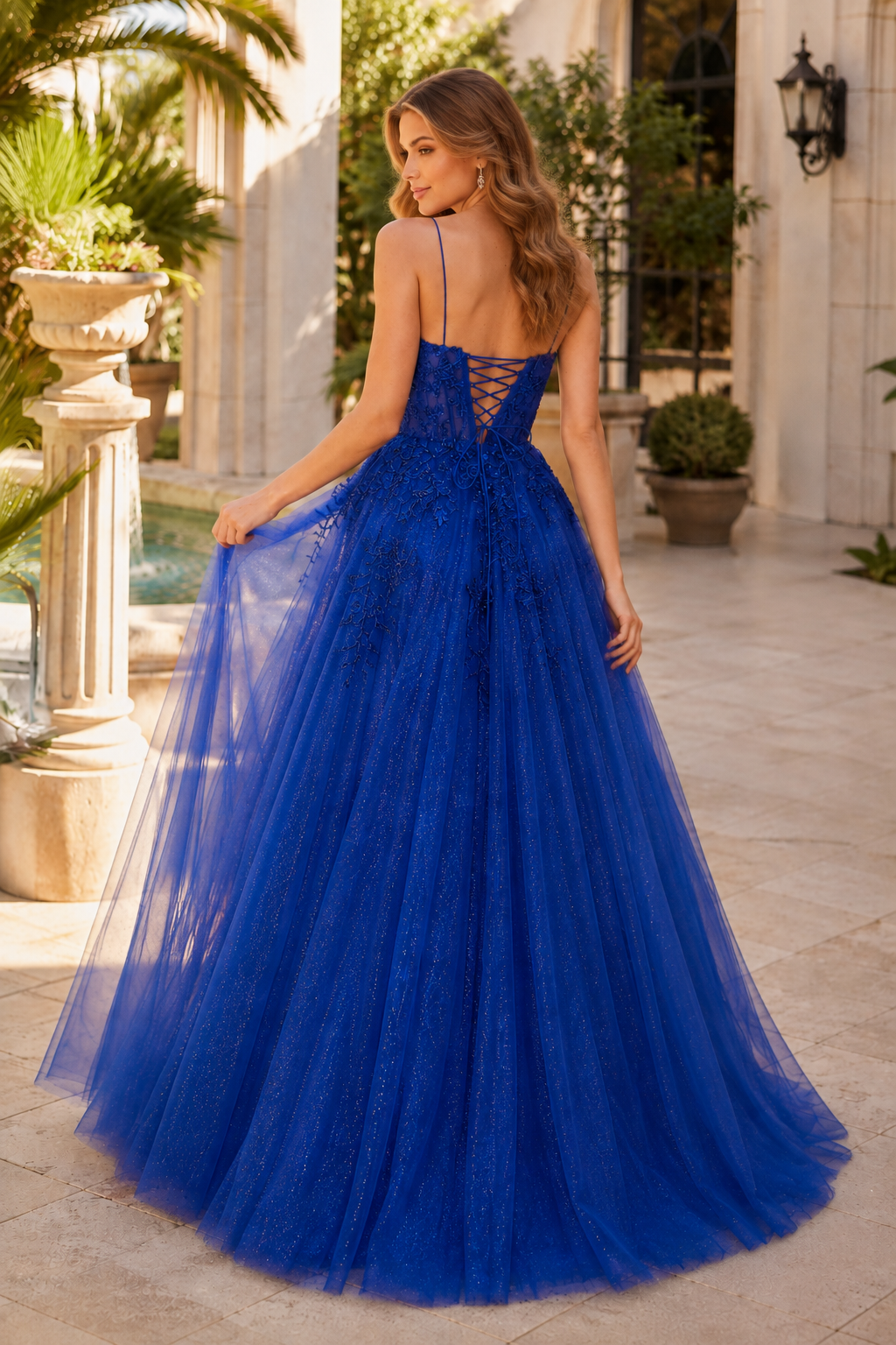 Arisette A Line V Neck Floor Length Tulle Prom Dress- Style in Royal Blue - back view