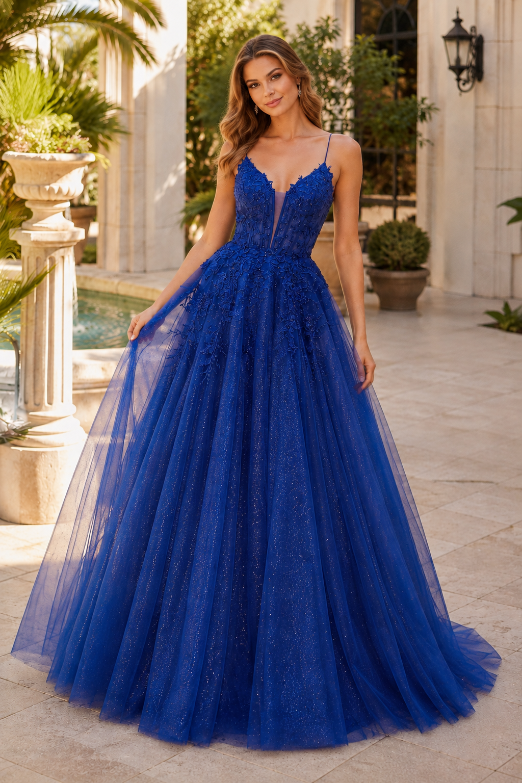 Arisette A Line V Neck Floor Length Tulle Prom Dress- Style in Royal Blue - front view