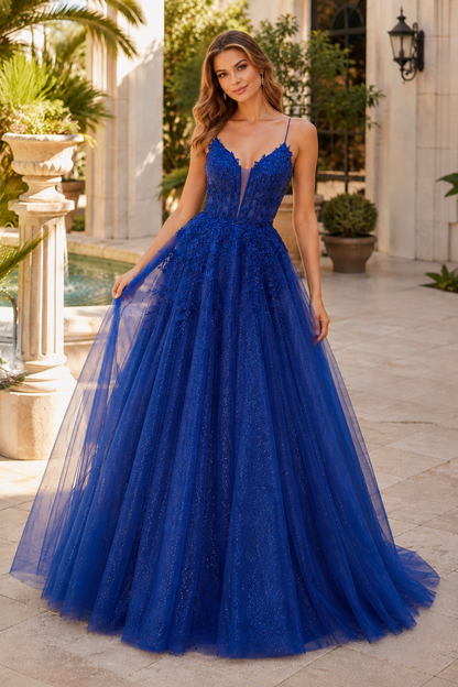 Arisette A Line V Neck Floor Length Tulle Prom Dress- Style in Royal Blue - front view