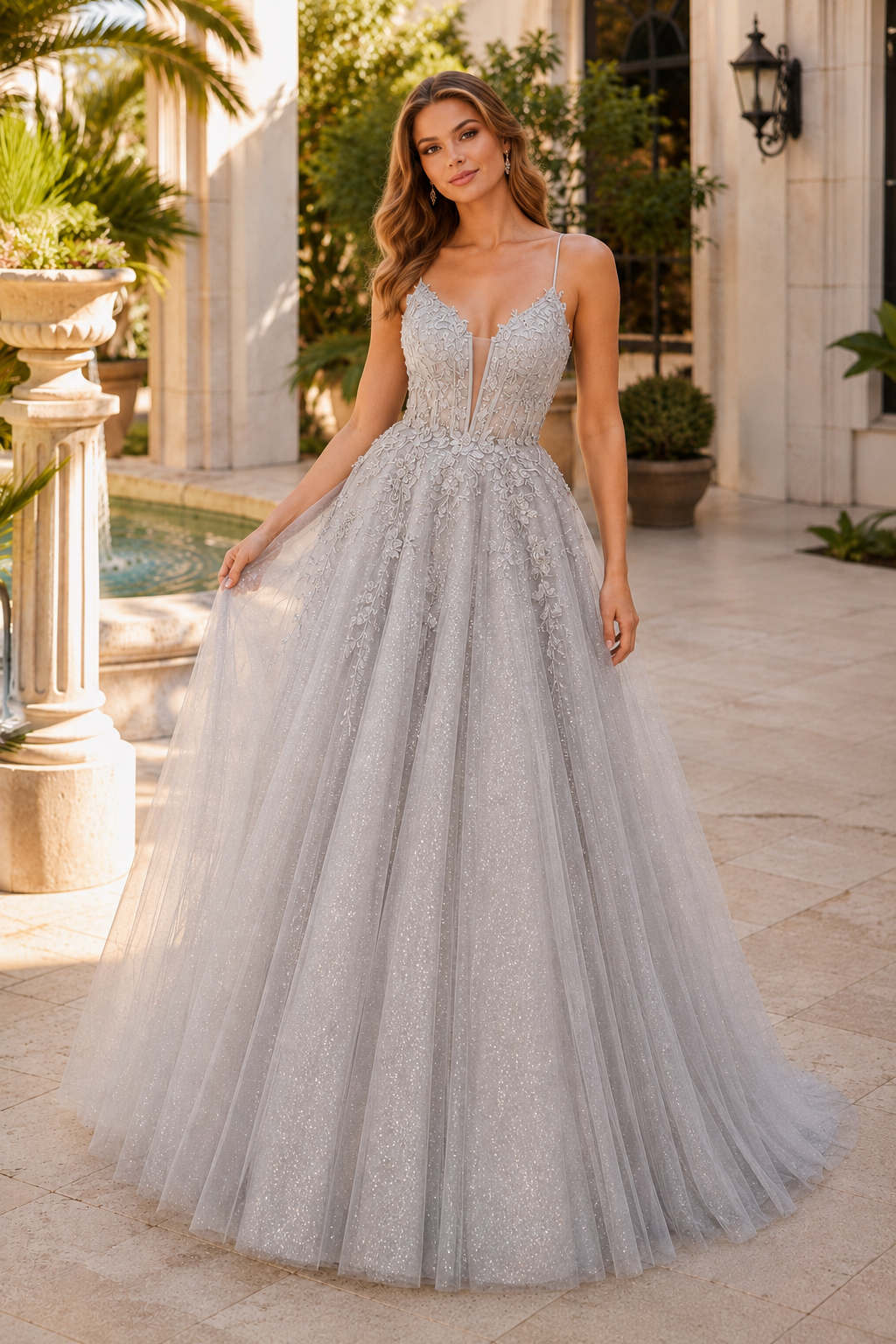 Arisette A Line V Neck Floor Length Tulle Prom Dress- Style in Silver - front view