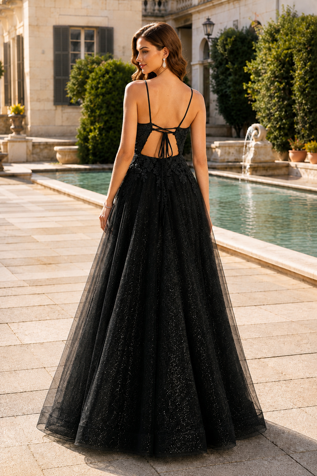 Arisette A Line V Neck Floor Length Tulle Prom Dress- Style in Black - back view