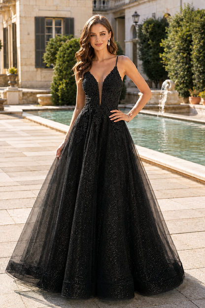Arisette A Line V Neck Floor Length Tulle Prom Dress- Style in Black - front view
