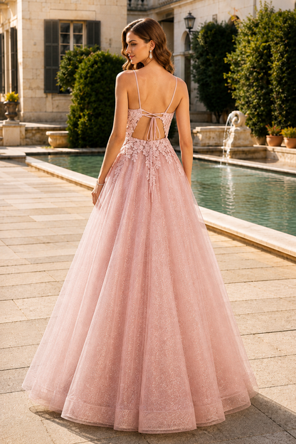 Arisette A Line V Neck Floor Length Tulle Prom Dress- Style in Blush Pink - back view