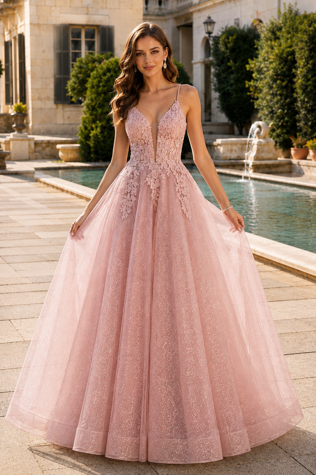Arisette A Line V Neck Floor Length Tulle Prom Dress- Style in Blush Pink - front view