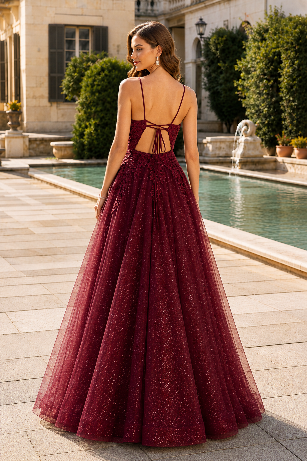 Arisette A Line V Neck Floor Length Tulle Prom Dress- Style in Burgundy - back view