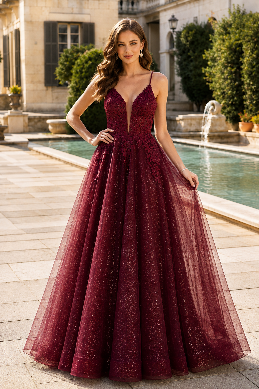 Arisette A Line V Neck Floor Length Tulle Prom Dress- Style in Burgundy - front view