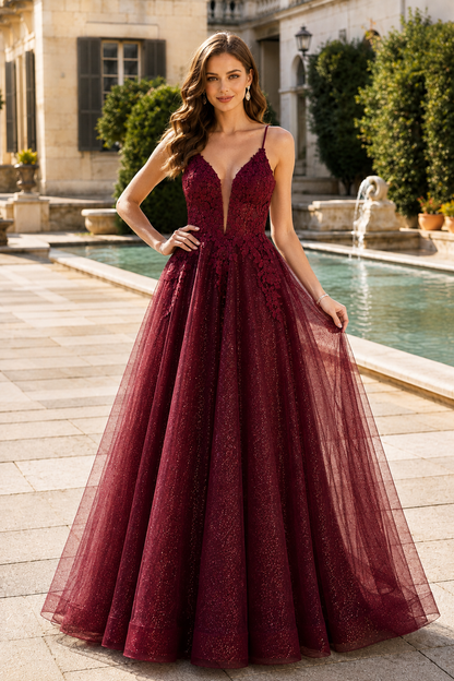 Arisette A Line V Neck Floor Length Tulle Prom Dress- Style in Burgundy - front view