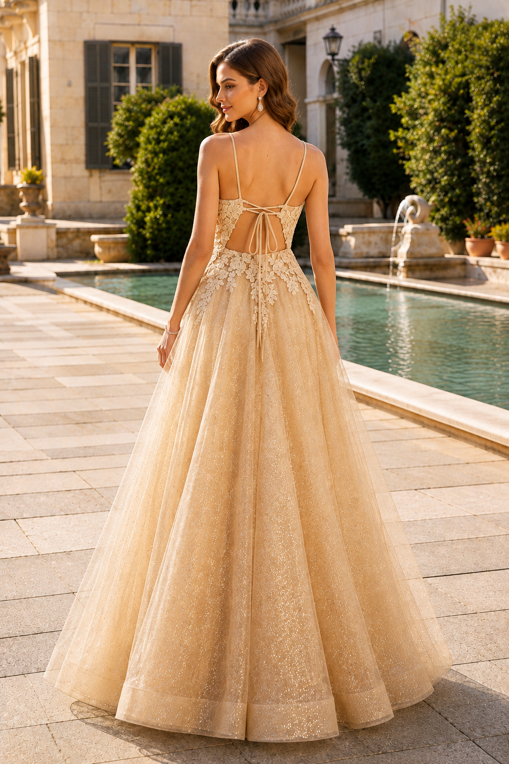 Arisette A Line V Neck Floor Length Tulle Prom Dress- Style in Champagne - back view