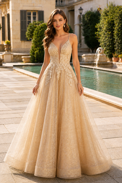 Arisette A Line V Neck Floor Length Tulle Prom Dress- Style in Champagne - front view