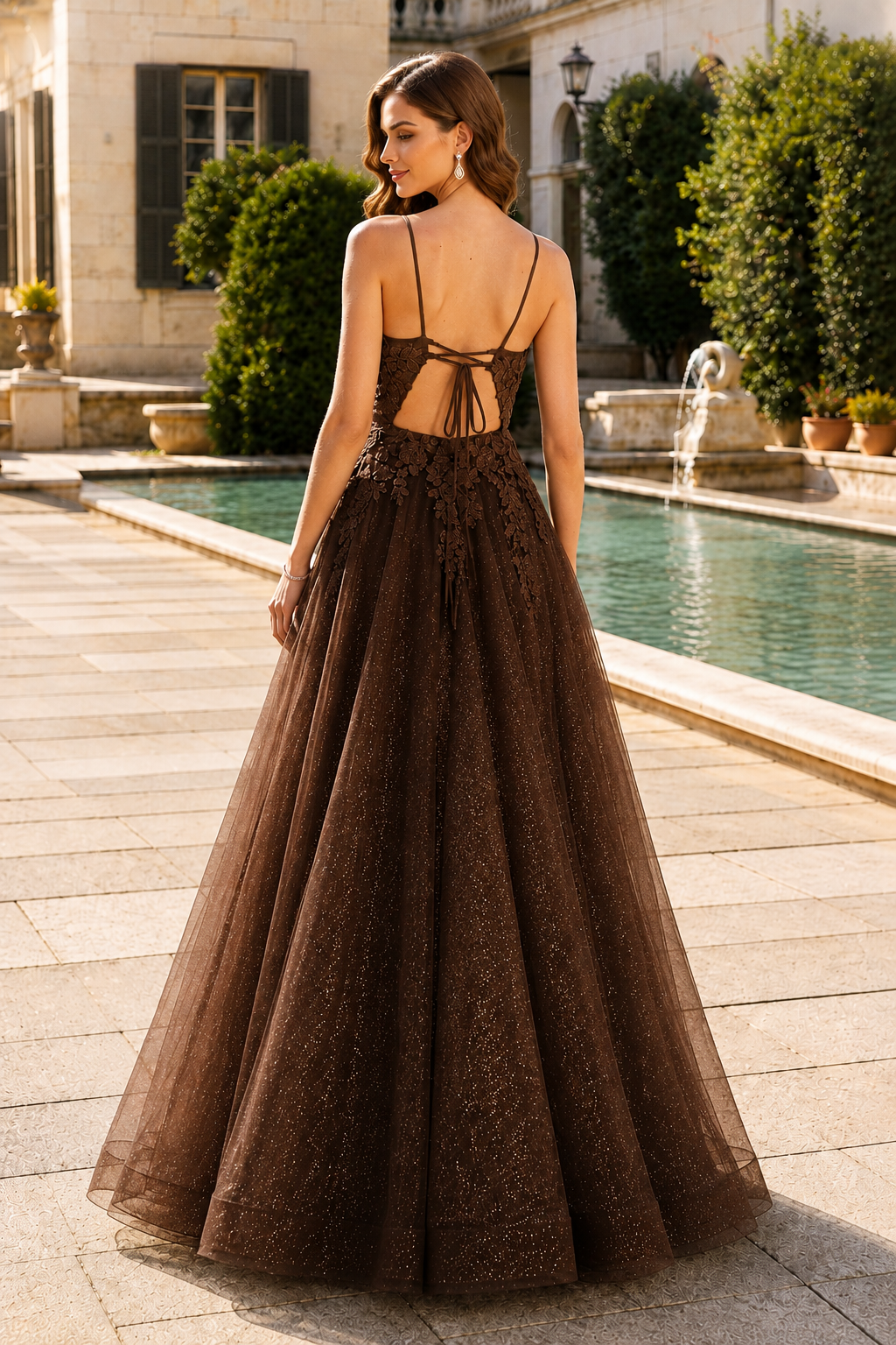 Arisette A Line V Neck Floor Length Tulle Prom Dress- Style in Chocolate Brown - back view