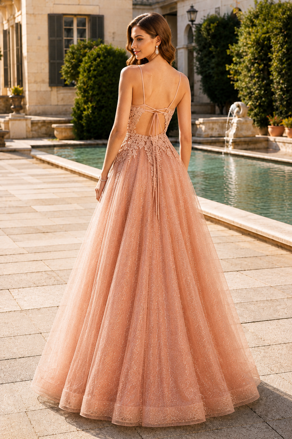 Arisette A Line V Neck Floor Length Tulle Prom Dress- Style in Dusty Rose - back view