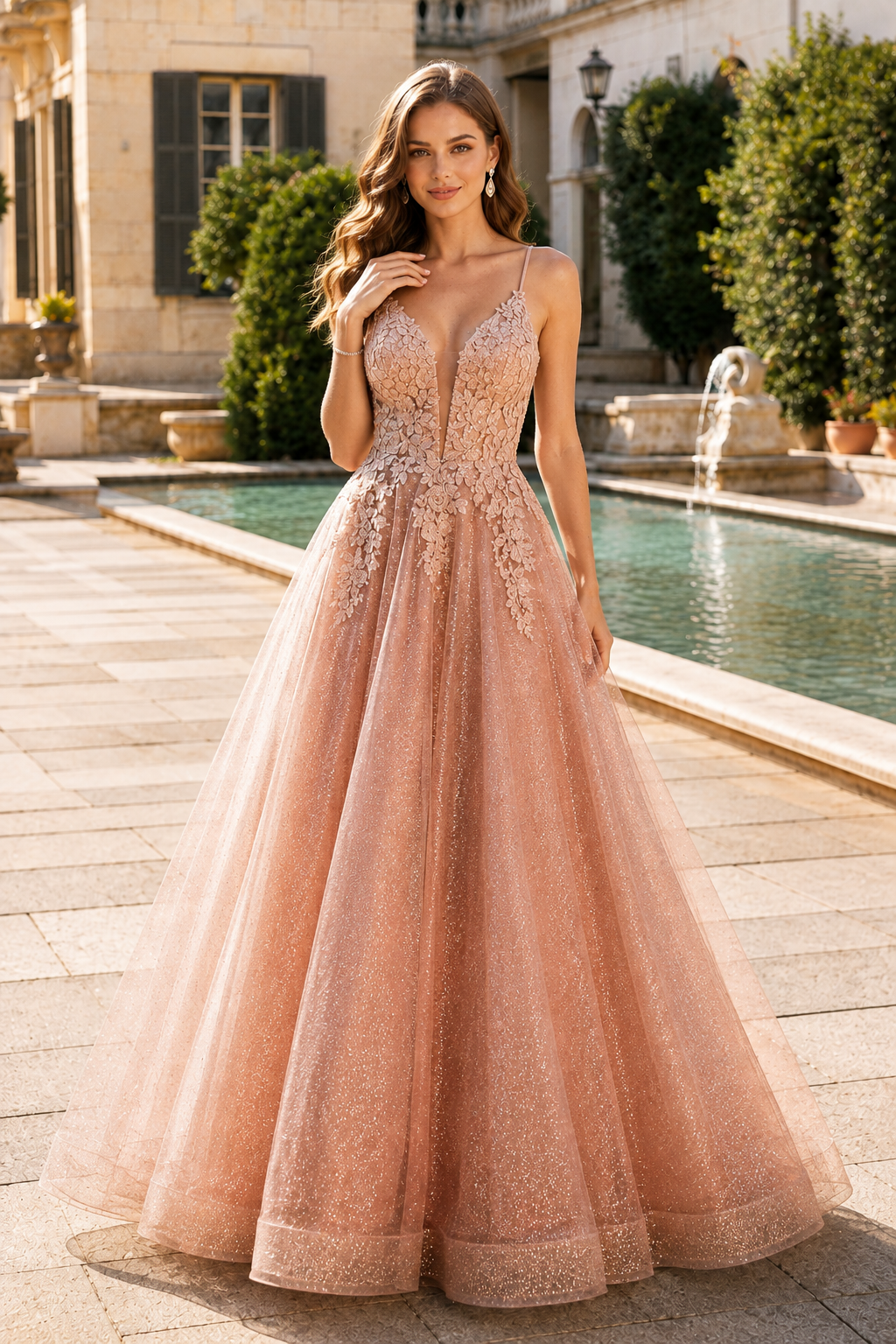 Arisette A Line V Neck Floor Length Tulle Prom Dress- Style in Dusty Rose - front view