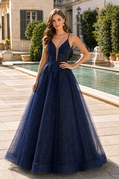 Arisette A Line V Neck Floor Length Tulle Prom Dress- Style in Navy Blue - front view