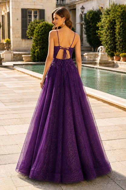 Arisette A Line V Neck Floor Length Tulle Prom Dress- Style in Purple - back view