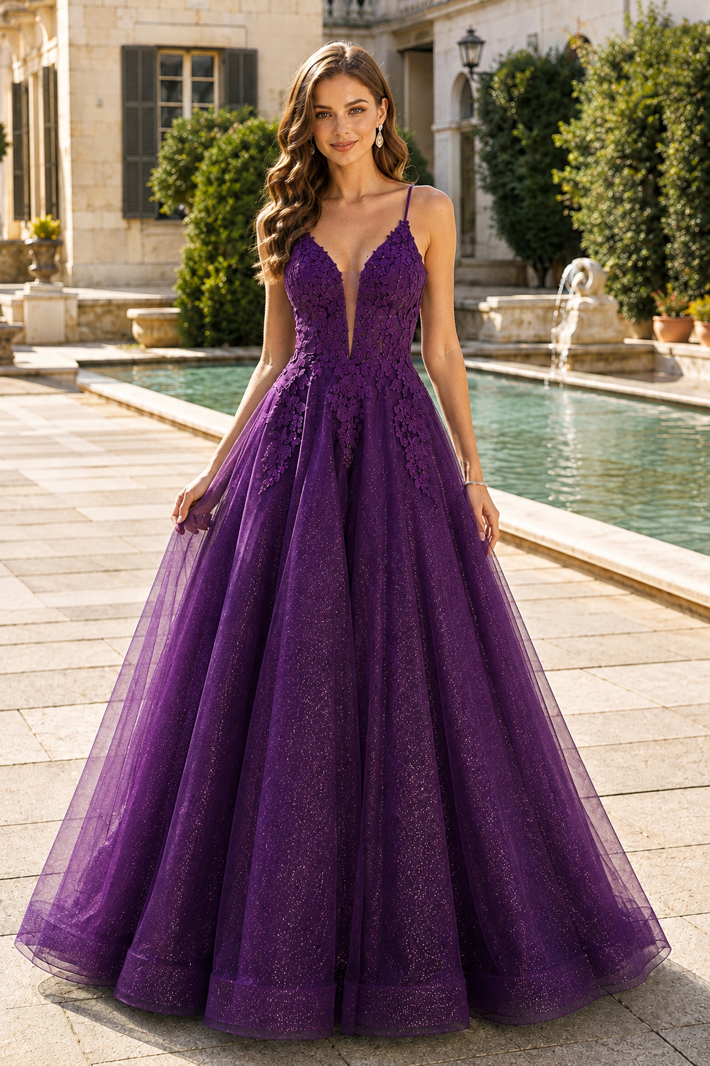 Arisette A Line V Neck Floor Length Tulle Prom Dress- Style in Purple - front view