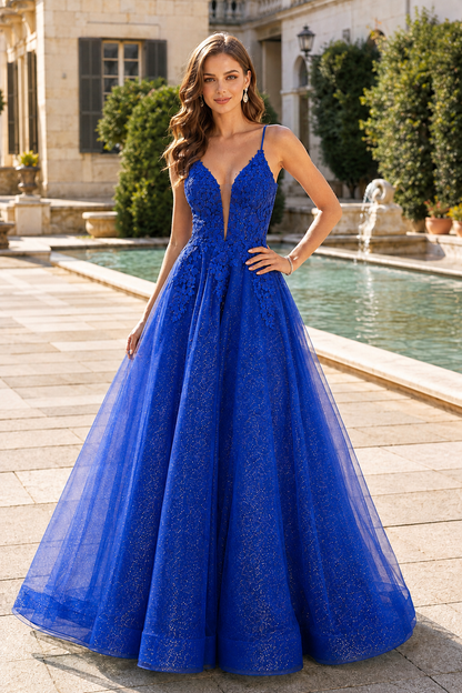Arisette A Line V Neck Floor Length Tulle Prom Dress- Style in Royal Blue - front view