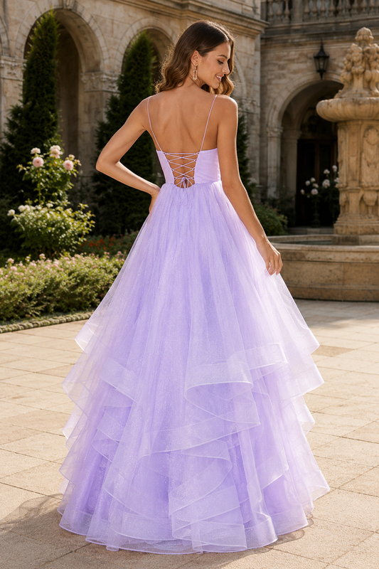 Arisette A Line V Neck Floor Length Tulle Prom Dress- Style - back view