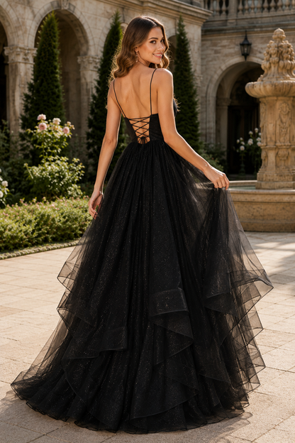 Arisette A Line V Neck Floor Length Tulle Prom Dress- Style in Black - back view