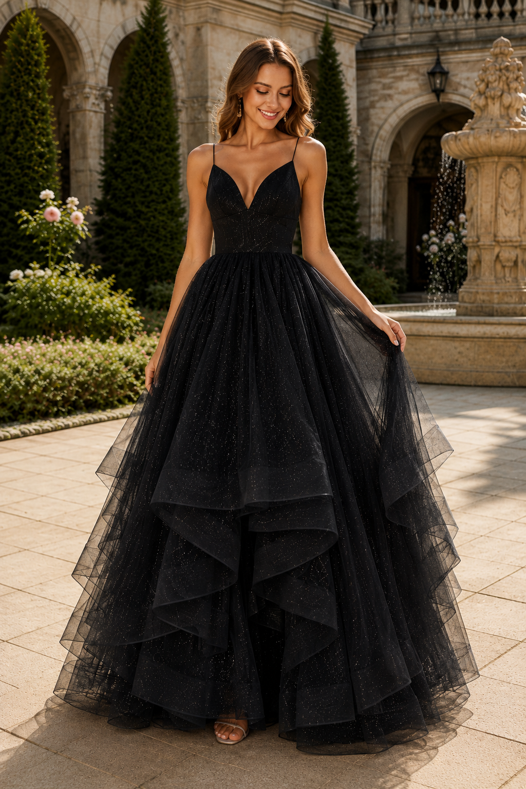 Arisette A Line V Neck Floor Length Tulle Prom Dress- Style in Black - front view